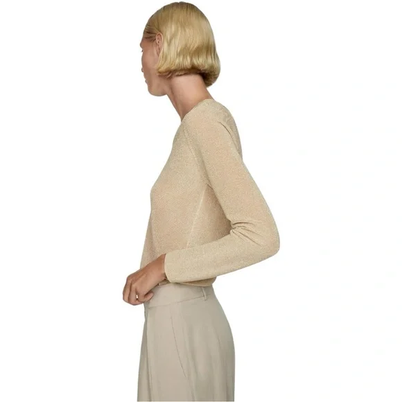 Mango Kling Metallic V Neck Jumper in Gold Lightweight Top Womens Large Shimmer - Picture 3 of 10